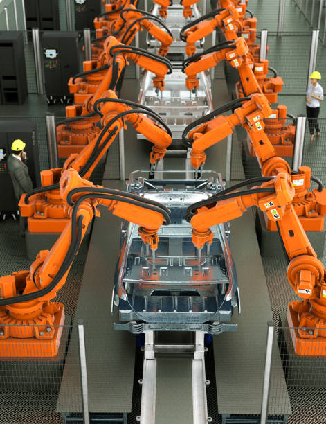 modern car production line with robotic arms welding components 3d render